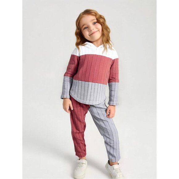 Toddler Kid Girls Clothes Ribbed Color Block Long Sleeve Hoodie Sweatsuit Set Fa - Picture 2 of 7